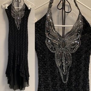 Y2K Butterfly silver sequin black ruffle dress embellished halter top maxi mesh